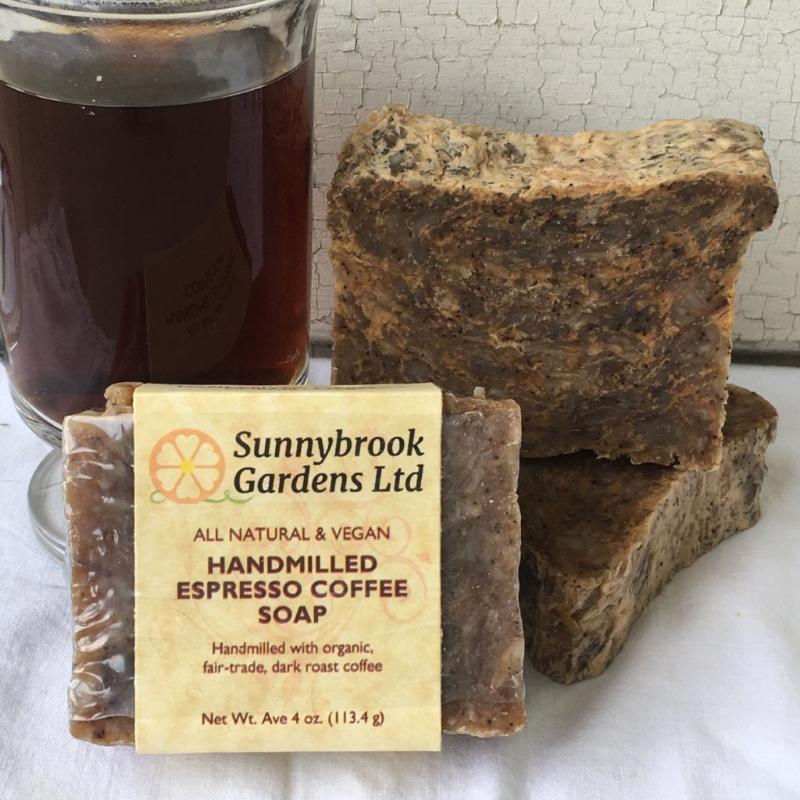 Enjoy our all natural, vegan friendly Hand-milled Espresso Coffee Soap from Sunnybrook Gardens is a coffee lover's dream!